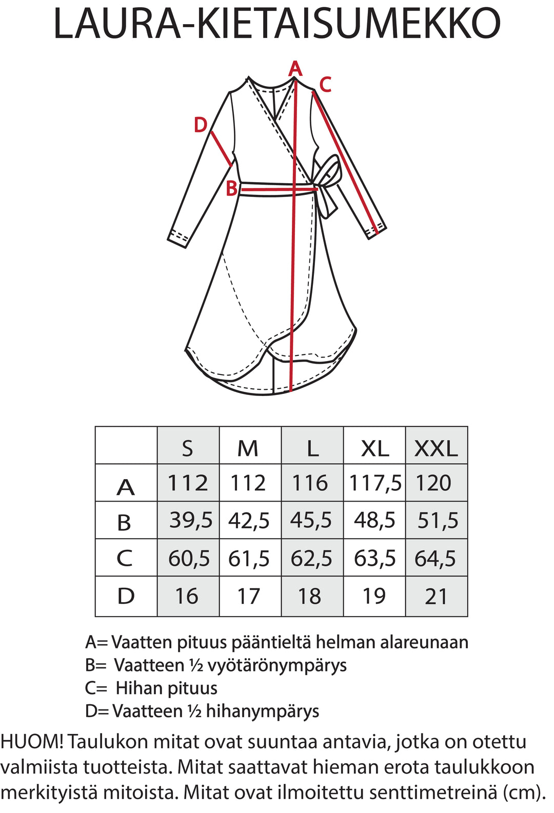 Laura-kietaisumekon tarkemmat mitat