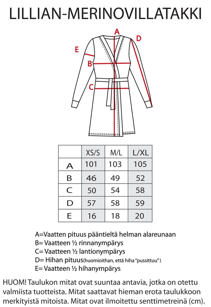 Lillian-merinovillatakin mitat.