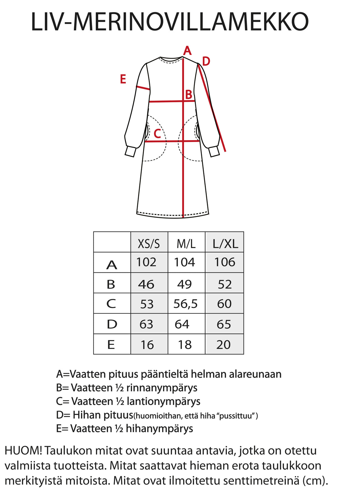 Liv-merinovillamekon mitat.