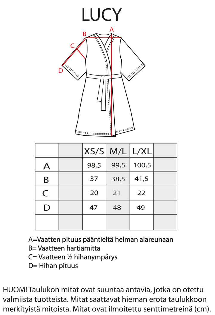 Lucy-kimonon tarkemmat mitat.