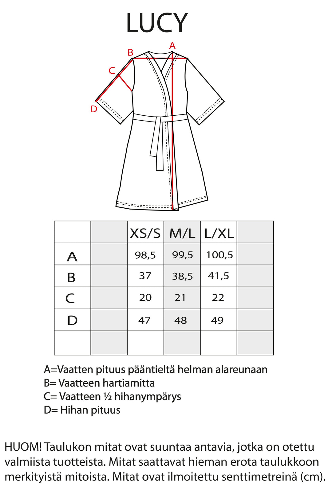 Lucy-kimonon tarkemmat mitat.