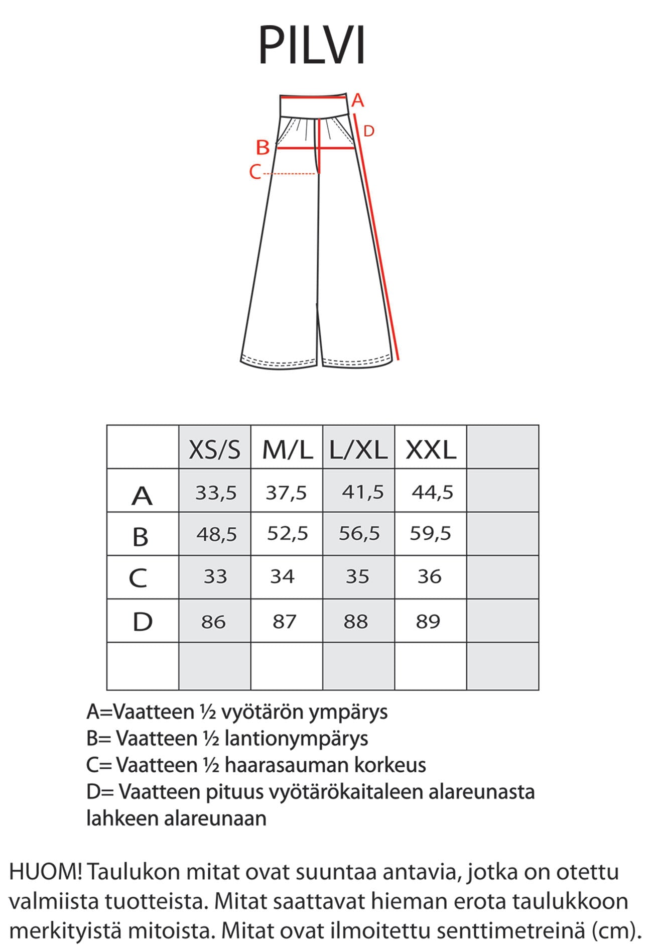 Pilvi-culotteshousujen mitat.