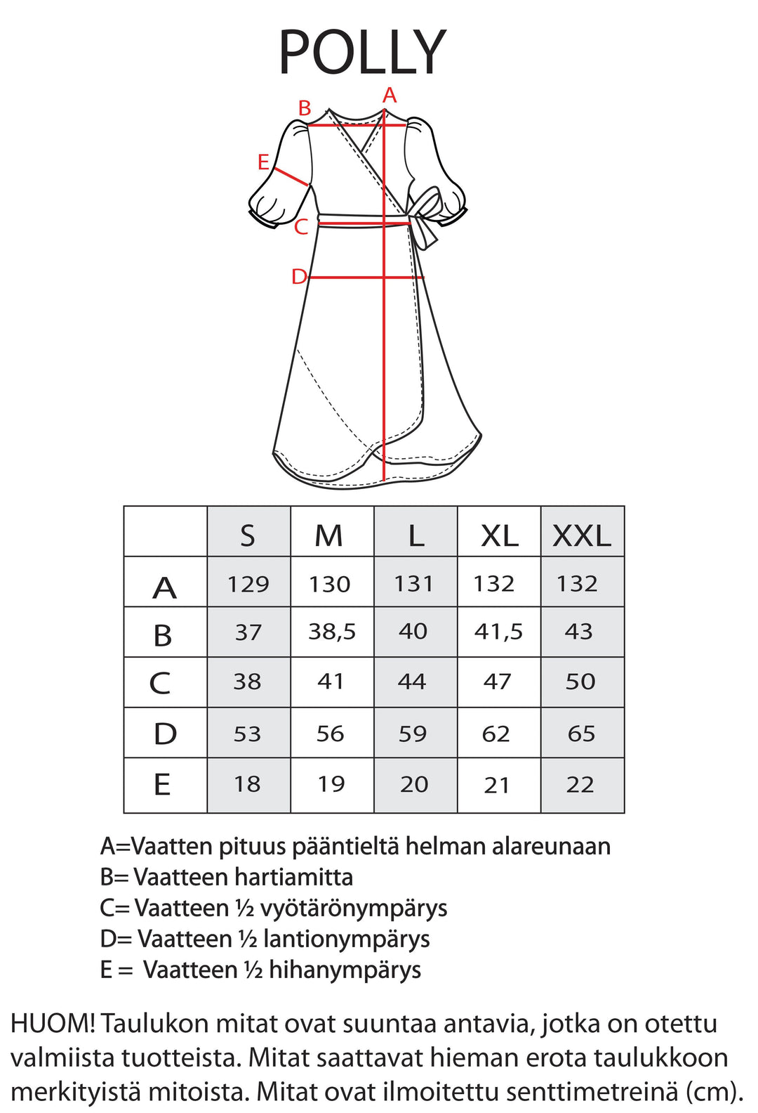 Polly-kietaisumekon mitat.